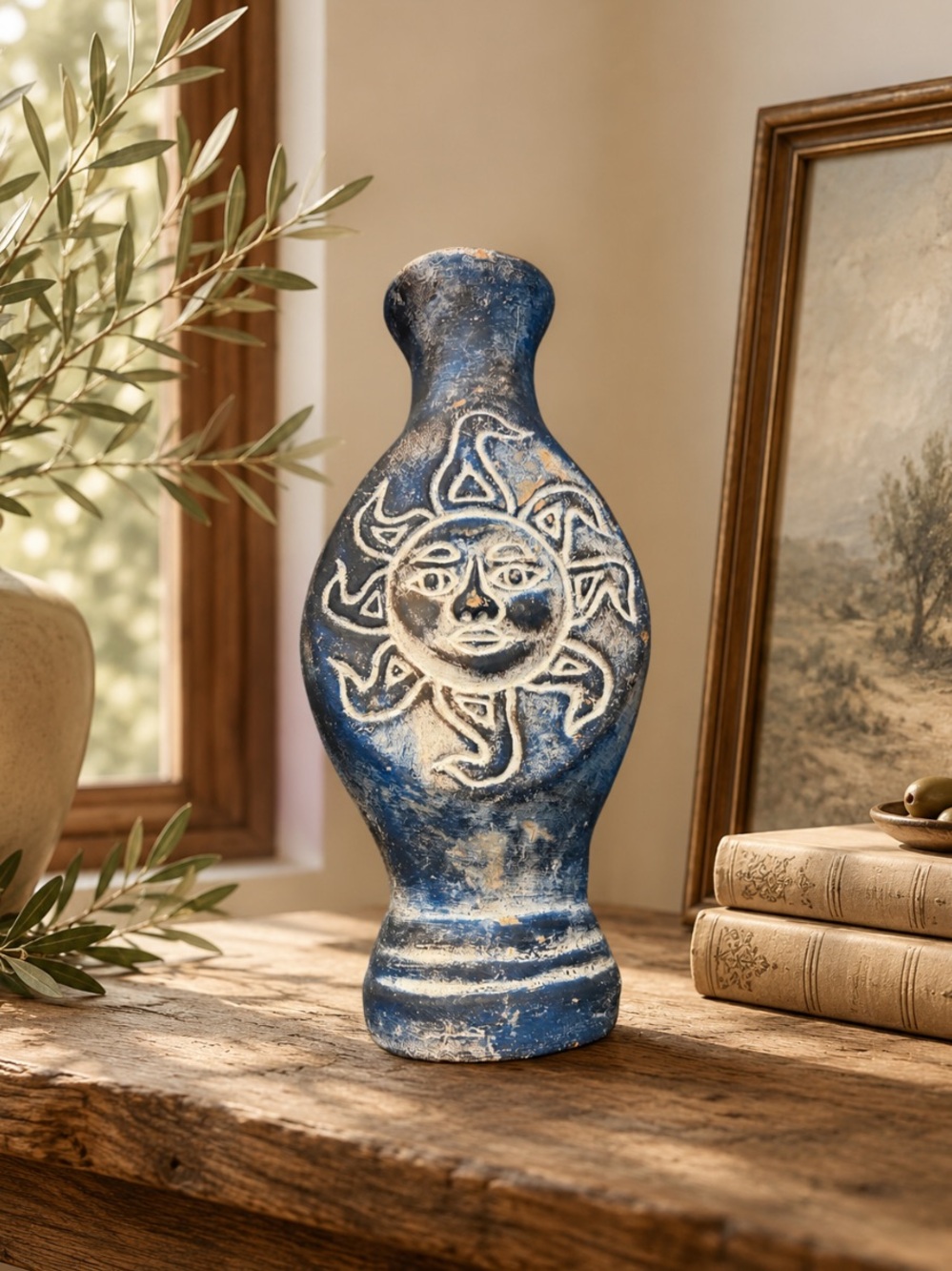 Rare!!! Made in Mexico sticker celestial Sun and Moon Vase -2 sided pottery